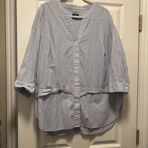 Talbots Blue Micro Stripe 100% Cotton Button-Back Popover Tunic Top